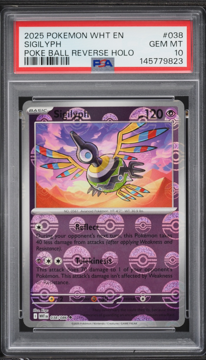 2025 Pokemon Scarlet & Violet White Flare Poke Ball Reverse Holo Sigilyph #38 PSA 10 GEM MINT