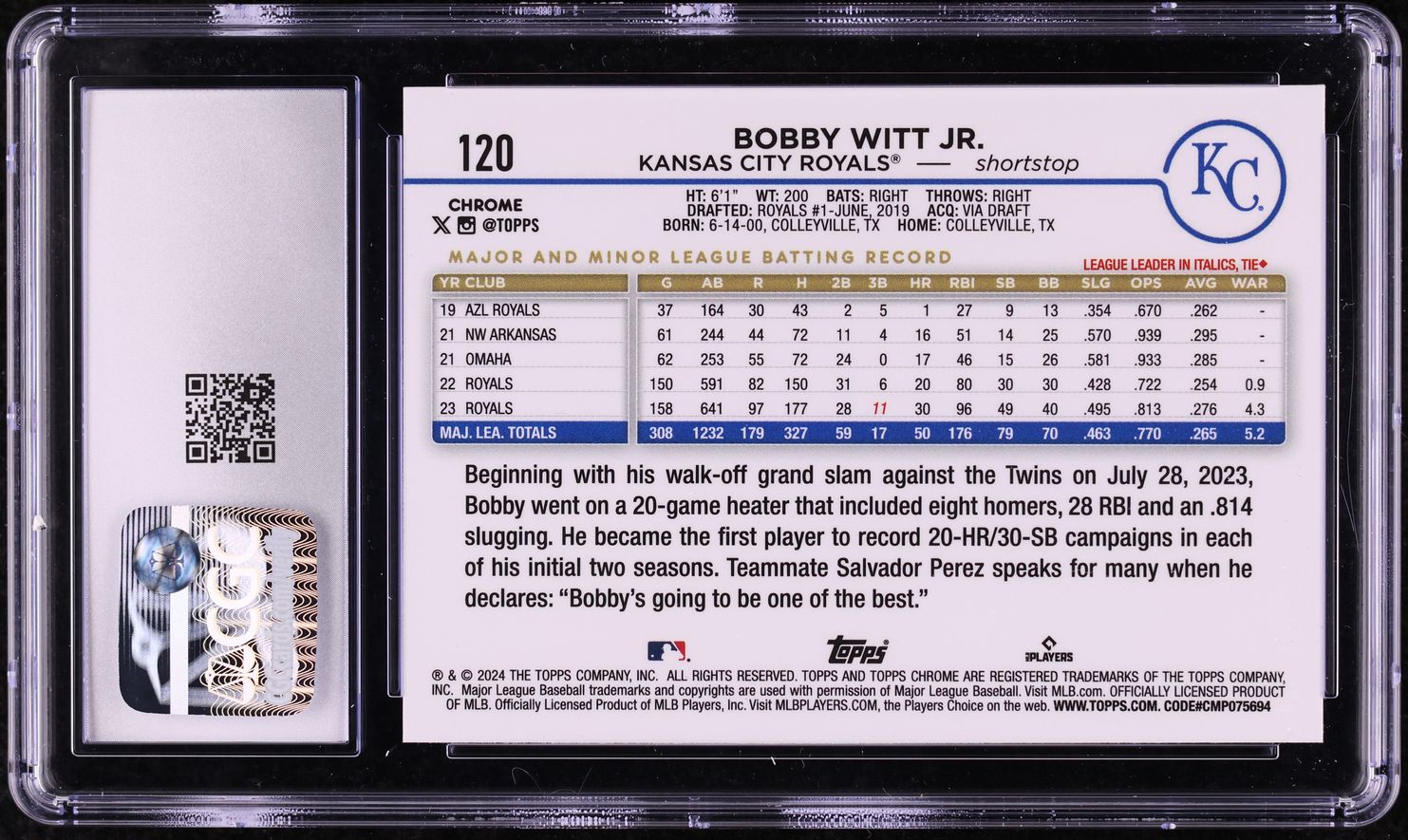 2024 Topps Chrome Bobby Witt Jr. #120 CGC 9 MINT