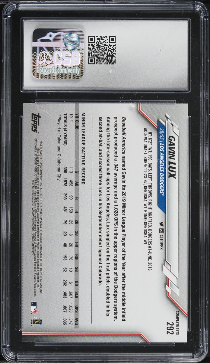 2020 Topps Complete Set Gavin Lux ROOKIE #292 CSG 10 GEM MINT