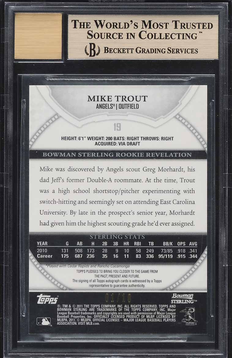 2011 Bowman Sterling Purple Refractor Mike Trout ROOKIE AUTO 1/10 BGS 9.5 GEM