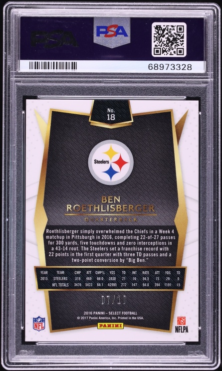 2016 Select Gold Prizm Ben Roethlisberger JERSEY # 7/10 #18 PSA 8 NM-MT - Photo 2