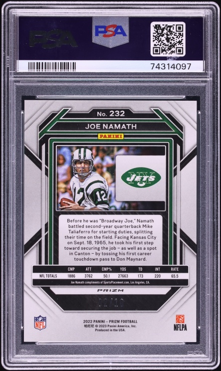 2022 Panini Prizm Gold Joe Namath /10 #232 PSA 10 GEM MINT - Photo 2