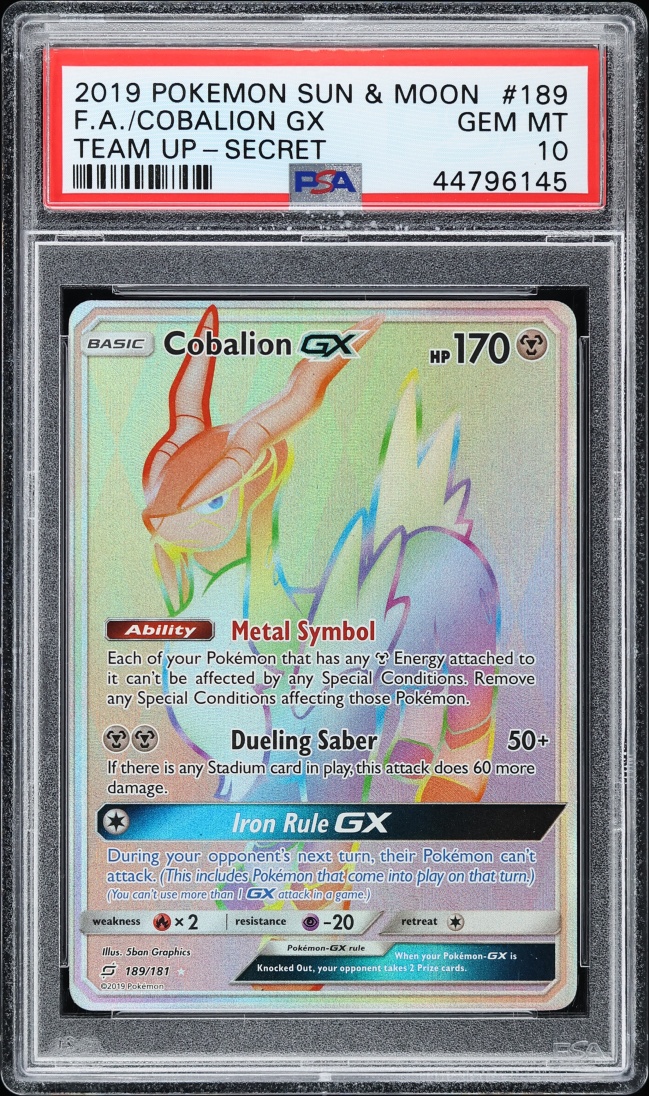 2019 Pokemon Sun & Moon Team Up Rainbow Rare Cobalion GX #189 PSA 10 GEM MINT