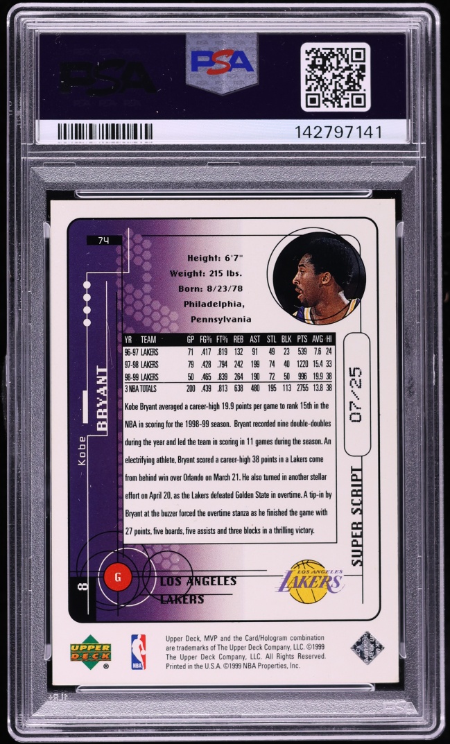 1999 Upper Deck MVP Super Script Kobe Bryant /25 #74 PSA 6 EXMT