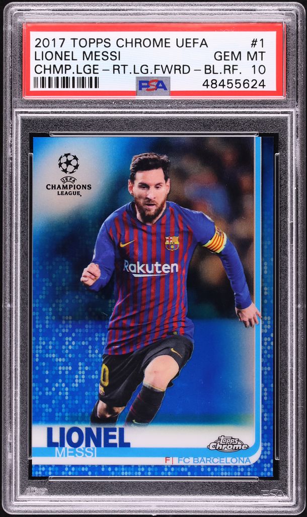 2018 Topps Chrome UEFA Champions League Blue Refractor Lionel Messi /150 #1 PSA 10 GEM MINT