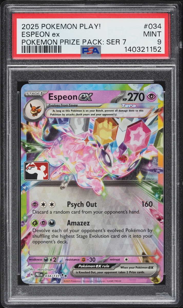 2025 Pokemon SV Prismatic Evolutions Play! Prize Pack Series 7 Holo Espeon Ex #34 PSA 9 MINT