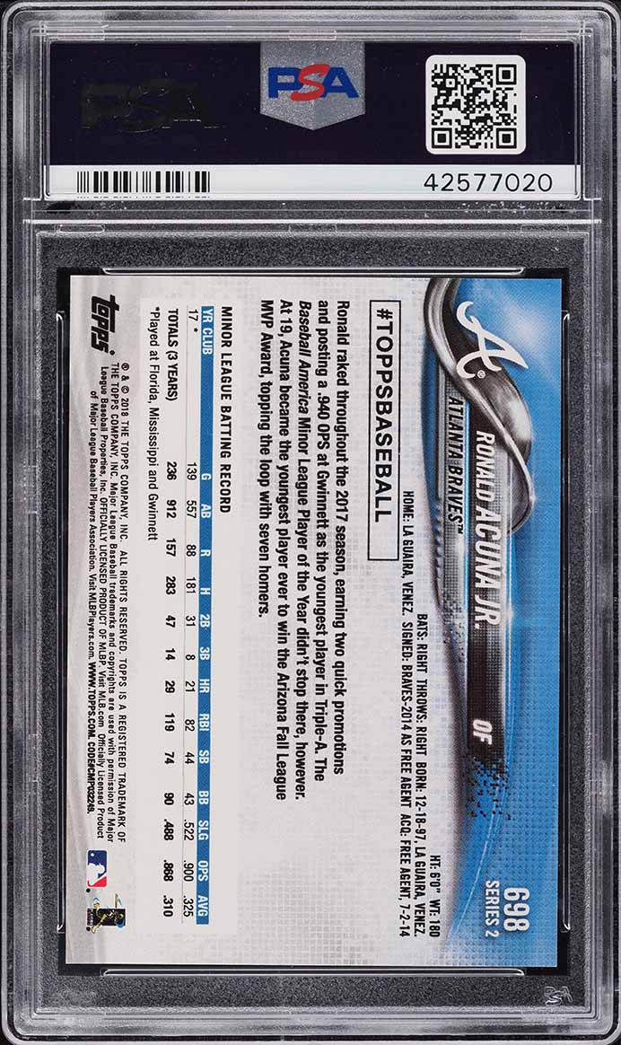 2018 Topps Bat Down Ronald Acuna Jr. ROOKIE RC #698 PSA 10 GEM MINT - Photo 2