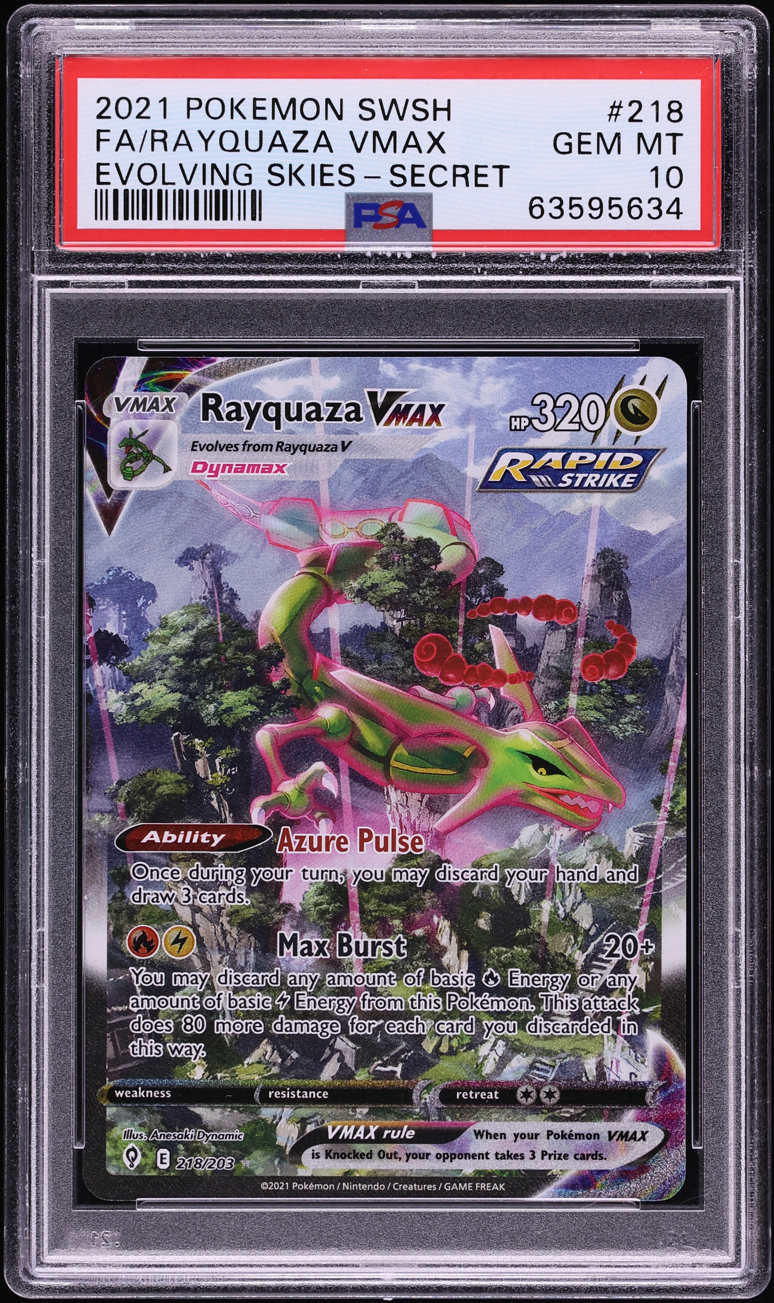 2021 Pokemon Sword & Shield Evolving Skies SEC Rayquaza VMAX #218 PSA 10 GEM MINT