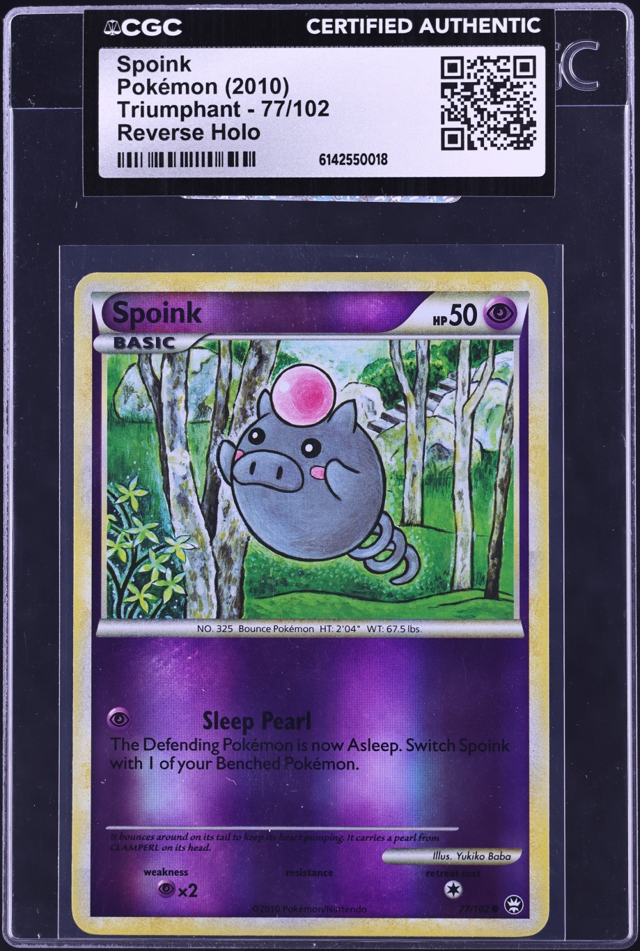 2010 Pokemon HGSS Triumphant Reverse Holo Spoink #77 CGC AUTH