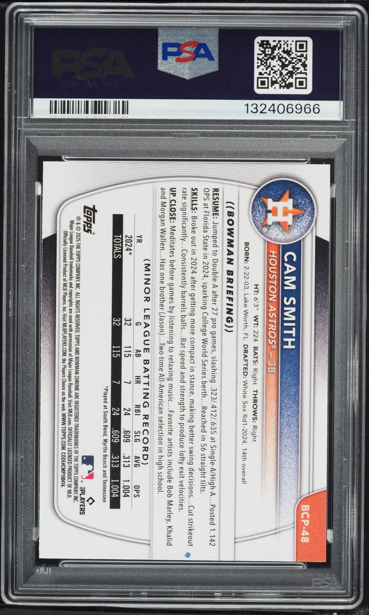 2025 Bowman Chrome Sapphire Cam Smith PROSPECT #BCP-48 PSA 10 GEM MINT