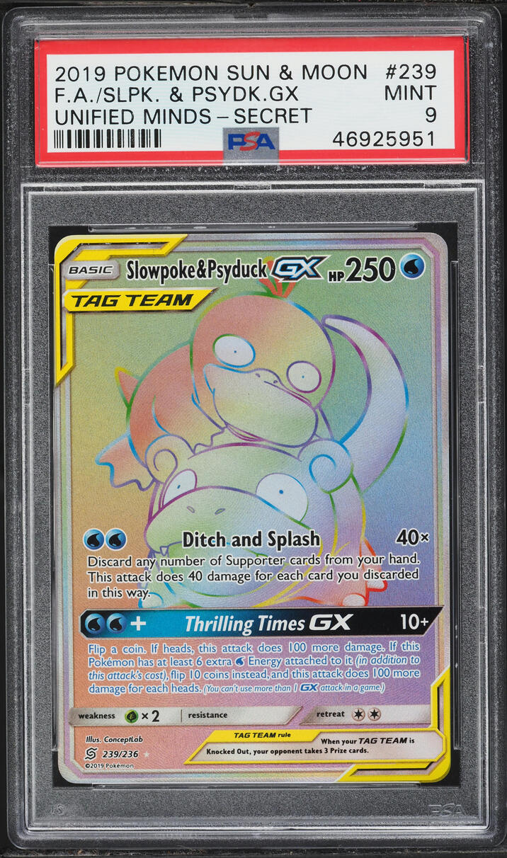 2019 Pokemon Sun & Moon Unified Minds Rainbow Rare Slowpoke & Psyduck GX #239 PSA 9 MINT