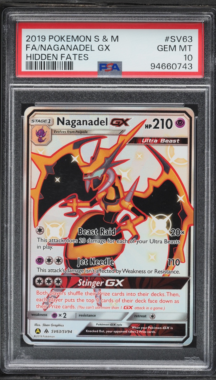 2019 Pokemon Sun & Moon Hidden Fates Full Art Naganadel GX #SV63 PSA 10 GEM MINT