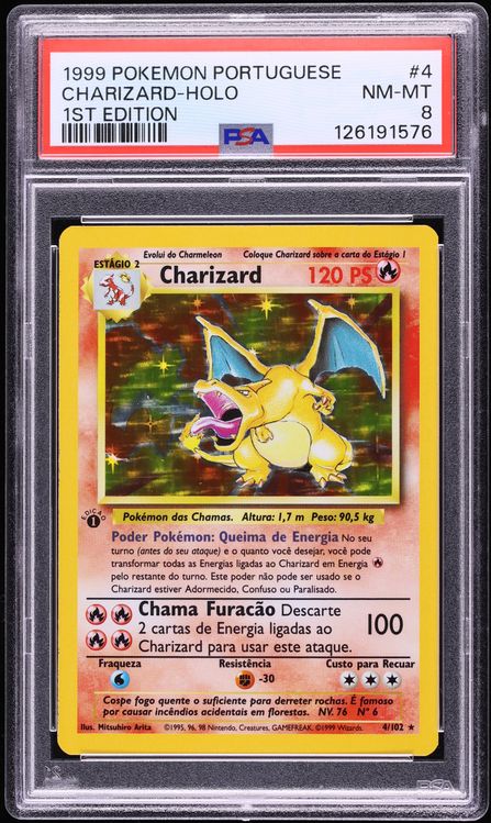 1999 Pokemon Portuguese Base Set 1st Edition Holo Charizard #4 PSA 8 NM-MT