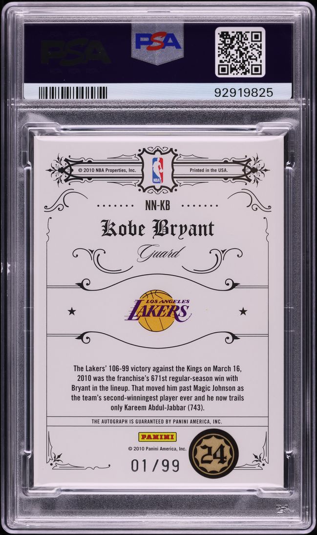2009 National Treasures Notable Nicknames Kobe Bryant AUTO DNA 10 1/99 PSA 10