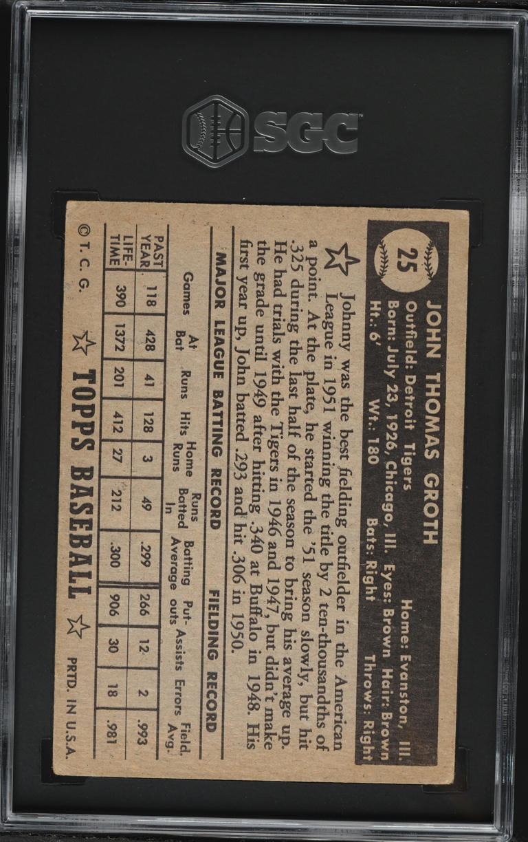 1952 Topps Johnny Groth BLACK BACK #25 SGC 3.5 VG+