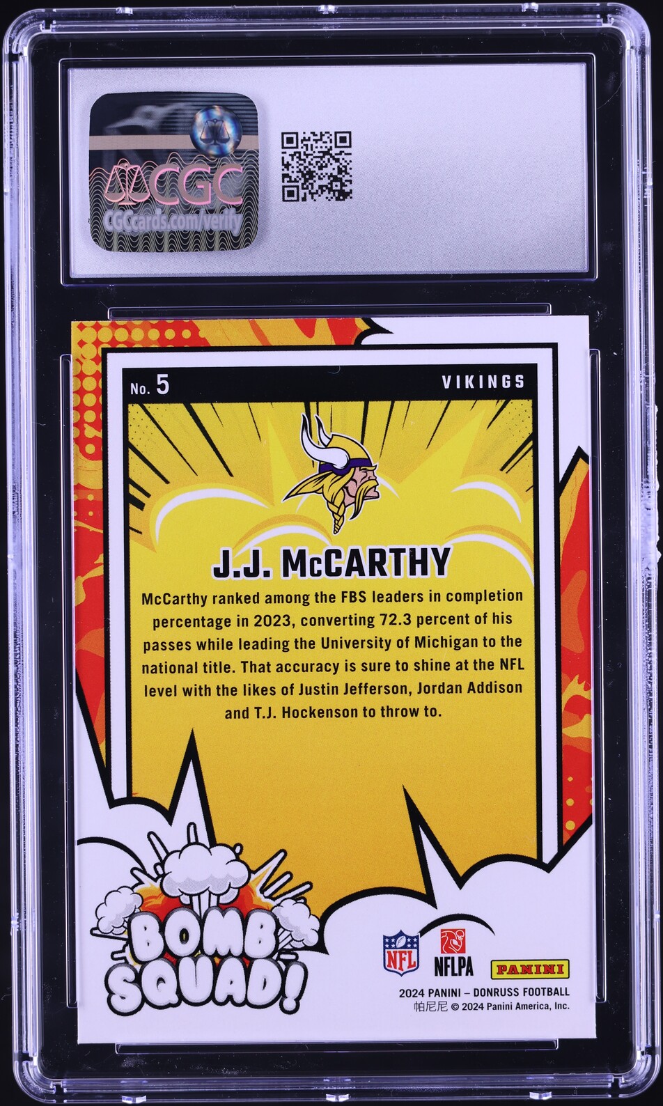 2024 Donruss Bomb Squad! J.J. McCarthy ROOKIE #5 CGC 10 GEM MINT