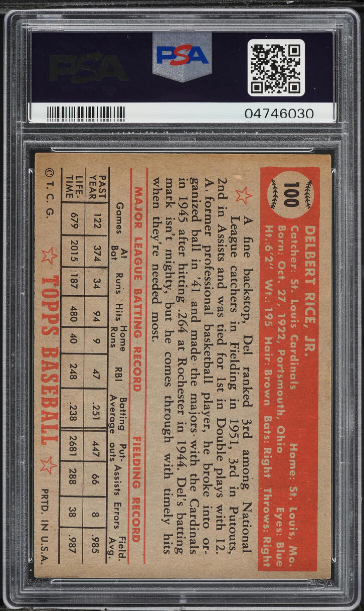 1952 Topps Del Rice #100 PSA 7 NRMT