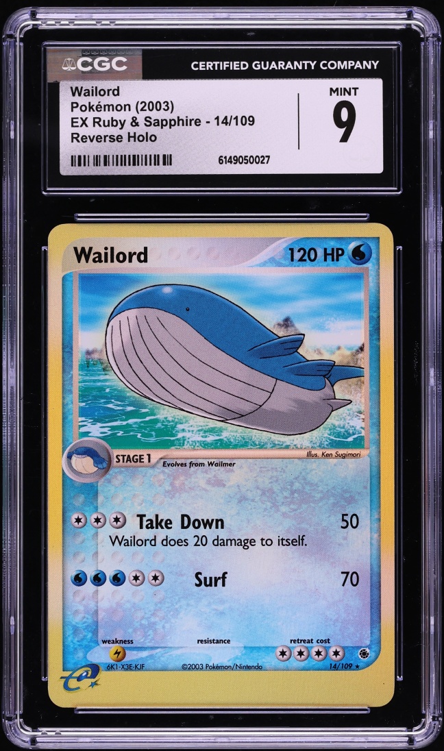2003 Pokemon EX Ruby & Sapphire Reverse Holo Wailord #14 CGC 9 MINT