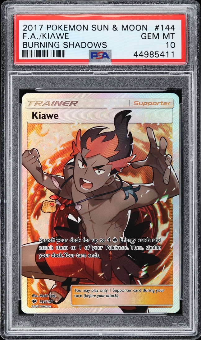 2017 Pokemon Sun & Moon Burning Shadows Full Art Kiawe #144 PSA 10 GEM MINT