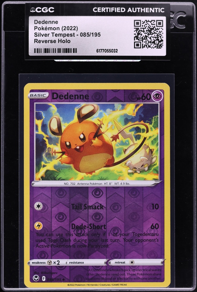 2022 Pokemon Sword & Shield Silver Tempest Reverse Holo Dedenne #85 CGC AUTH