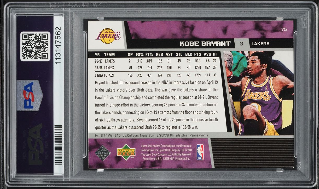 1998 Upper Deck Basketball Kobe Bryant #75 PSA 7 NRMT
