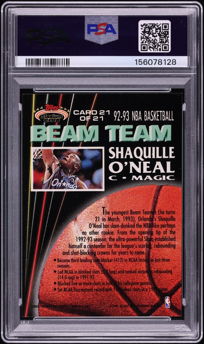 1992 Stadium Club Beam Team Non Die-Cut Shaquille O'Neal #21 PSA 7 NRMT