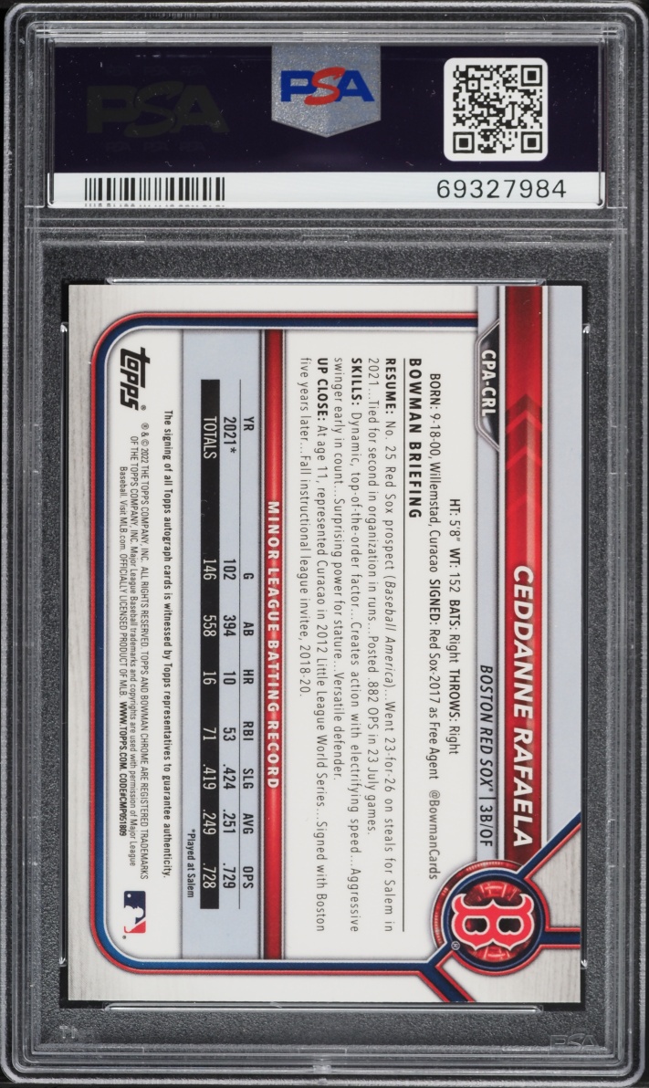 2022 Bowman Chrome Ceddanne Rafaela PROSPECT AUTO #CPA-CRL PSA 10 GEM MINT