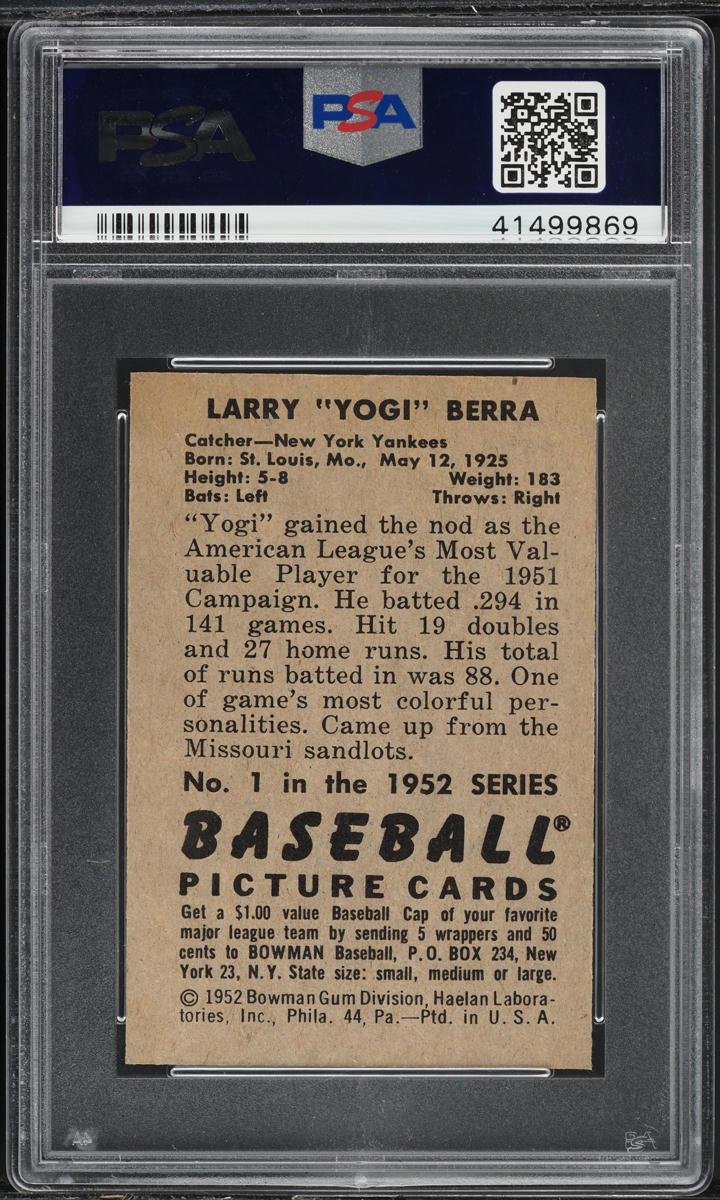 1952 Bowman Yogi Berra #1 PSA 8 NM-MT