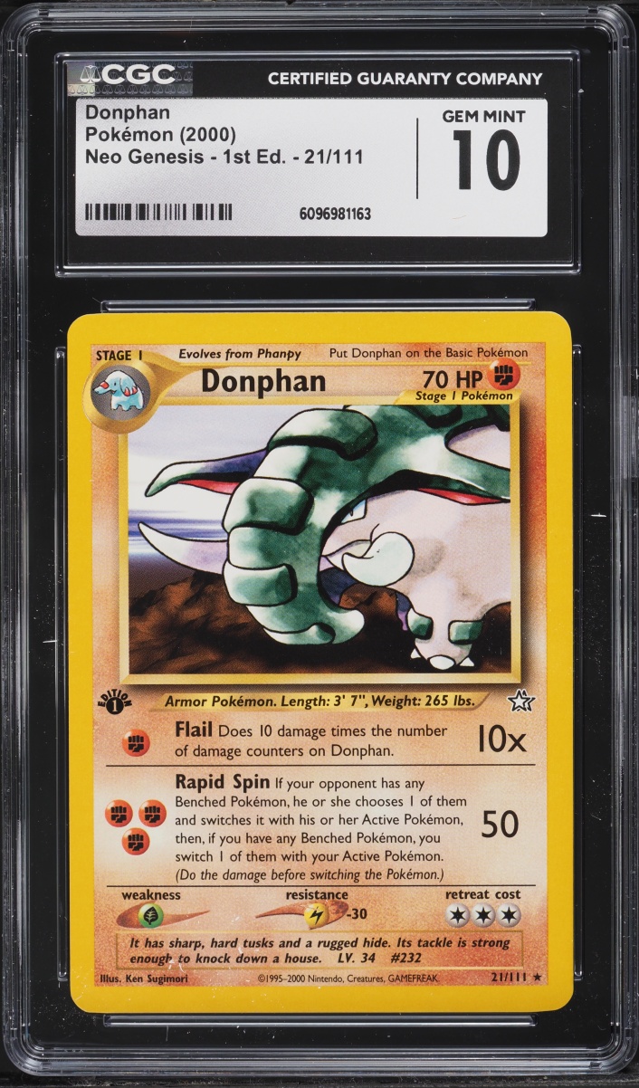 2000 Pokemon Neo Genesis 1st Edition Donphan #21 CGC 10 GEM MINT