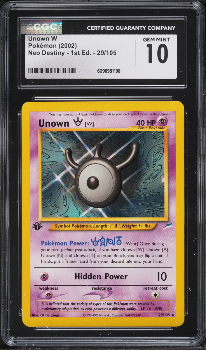 2002 Pokemon Neo Destiny 1st Edition Unown W #29 CGC 10 GEM MINT