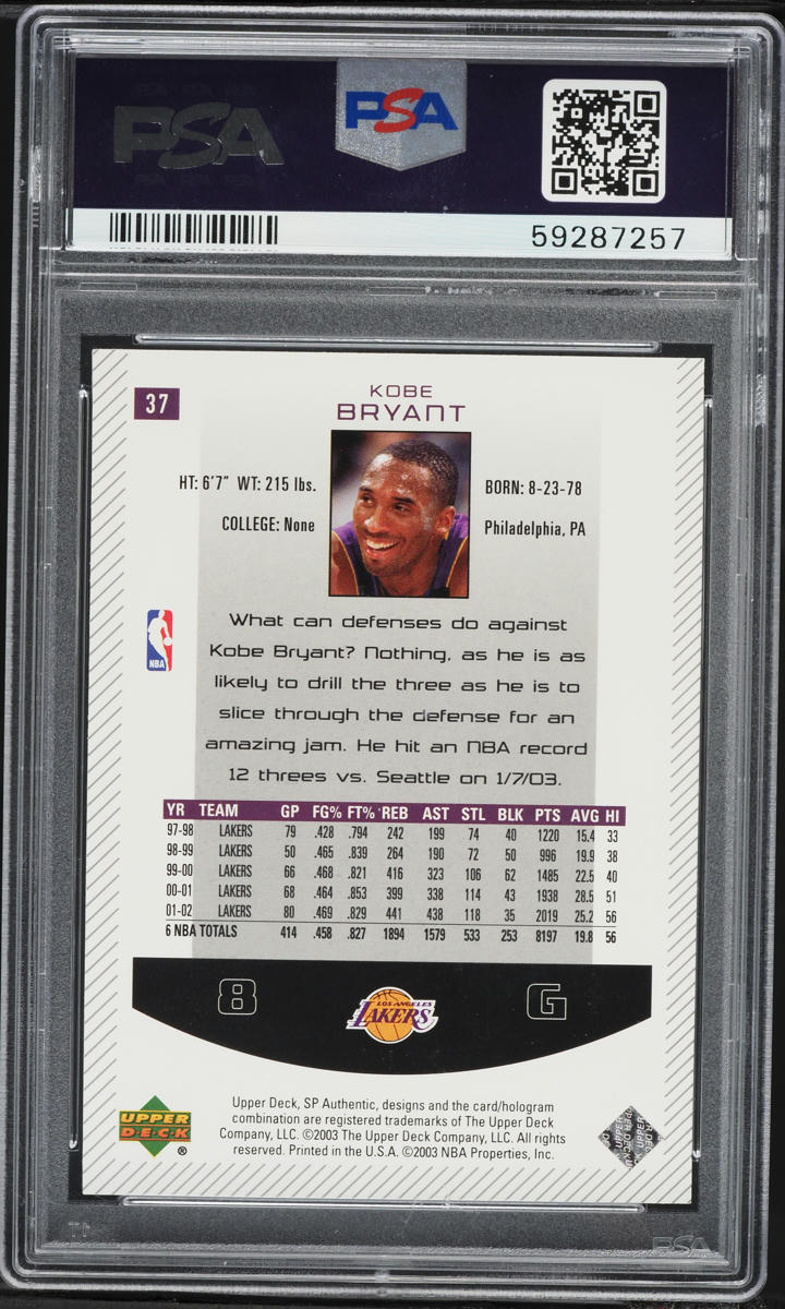 2002 SP Authentic Kobe Bryant #37 PSA 9 MINT