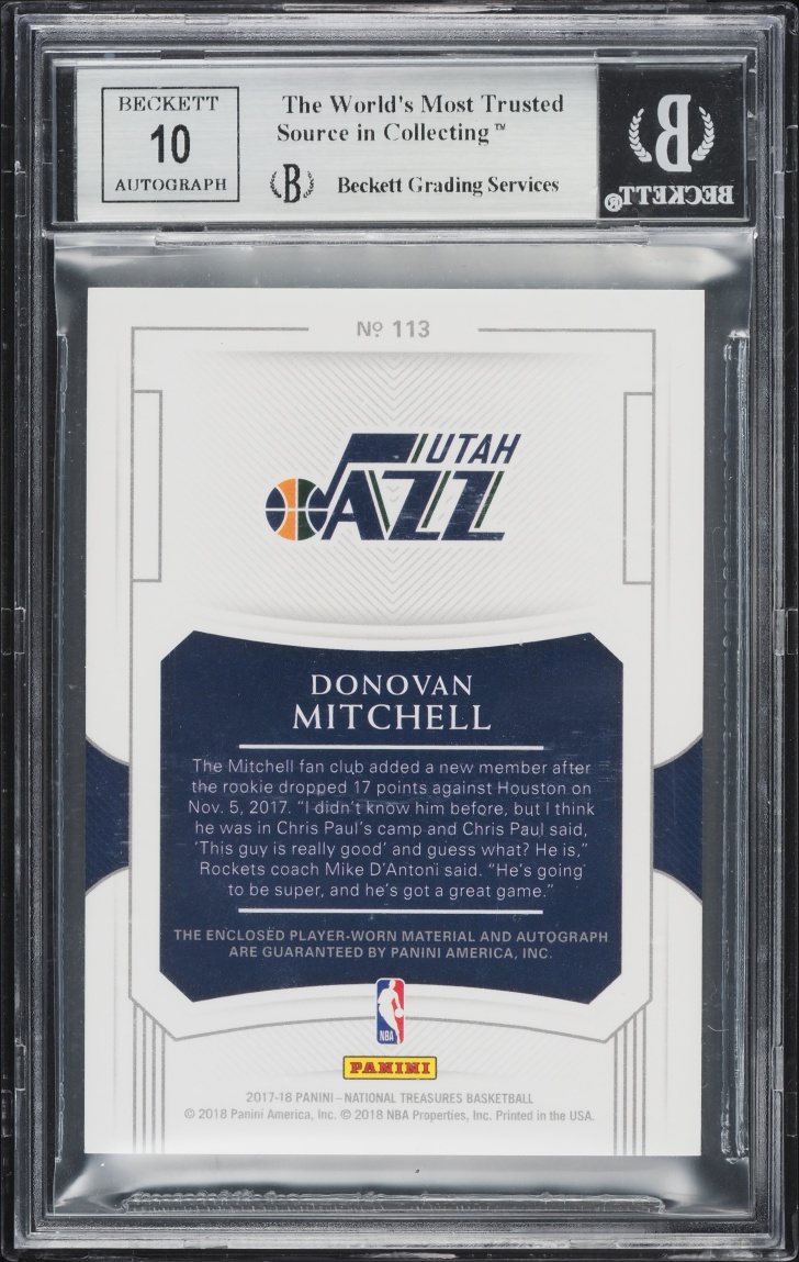 2017 National Treasures Donovan Mitchell ROOKIE PATCH AUTO /99 #113 BGS 8.5 NM-MT+