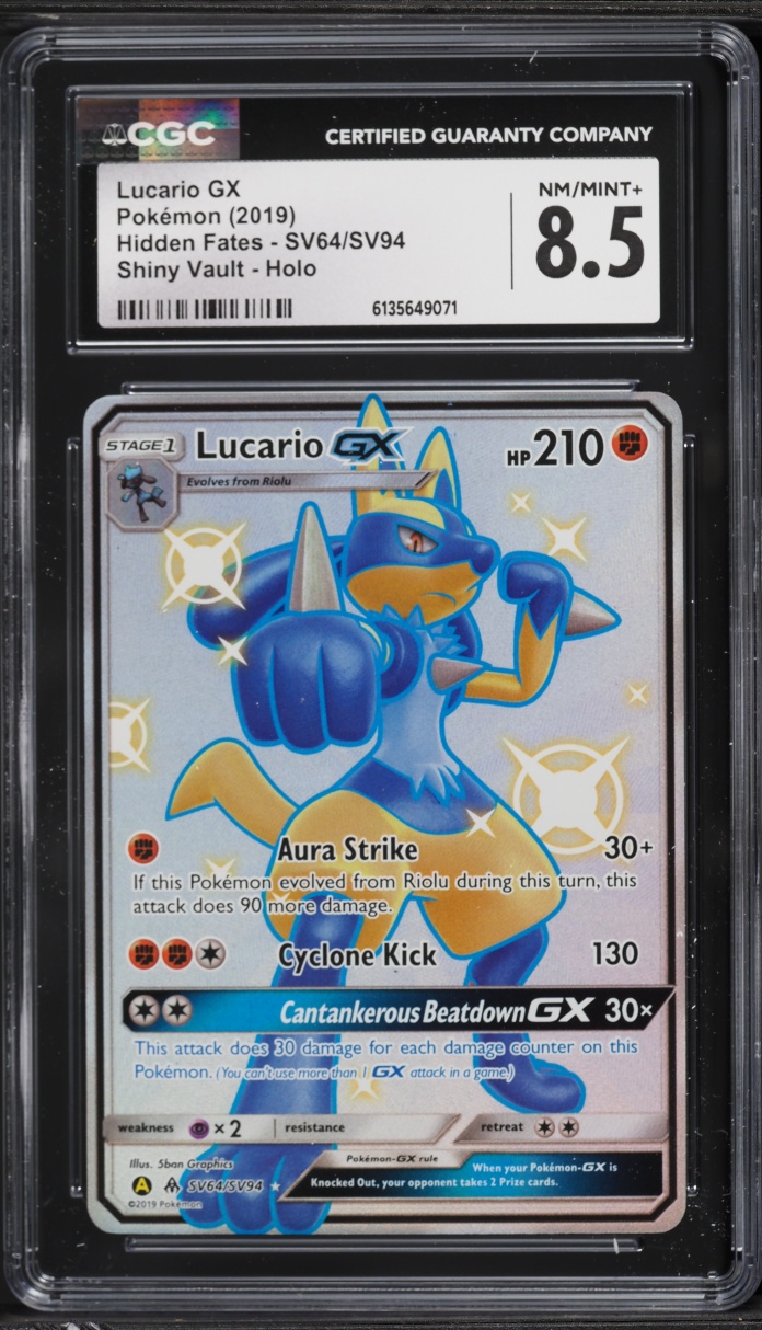 2019 Pokemon Sun & Moon Hidden Fates Vault Holo Shiny Lucario GX #SV64 CGC 8.5 NM-MT+