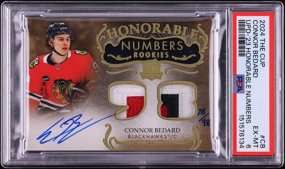 2024 Upper Deck The Cup Update '23 Honorable Numbers Connor Bedard PATCH AUTO /98 PSA 6 EXMT