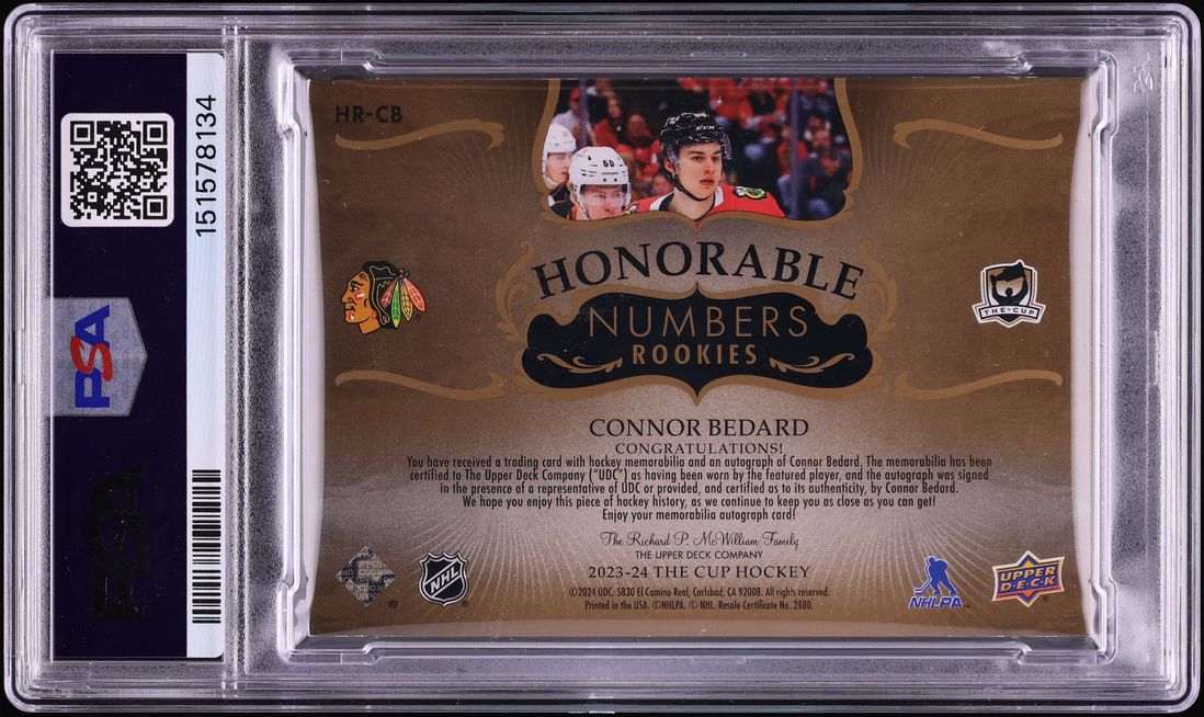 2024 Upper Deck The Cup Update '23 Honorable Numbers Connor Bedard PATCH AUTO /98 PSA 6 EXMT
