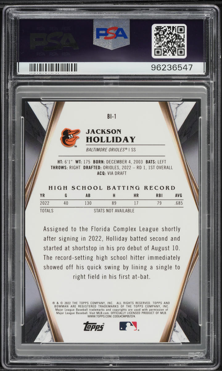 2022 Bowman Draft Invicta Jackson Holliday PROSPECT #BI-1 PSA 10 GEM MINT