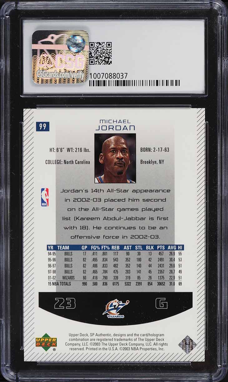 2002 SP Authentic Michael Jordan #99 CSG 9 MINT