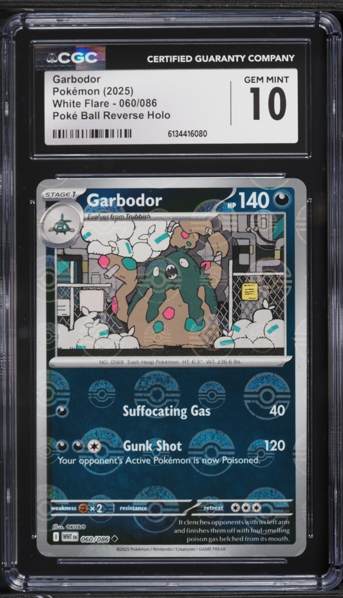 2025 Pokemon Scarlet & Violet White Flare Poke Ball Reverse Holo Garbodor #060 CGC 10 GEM MINT