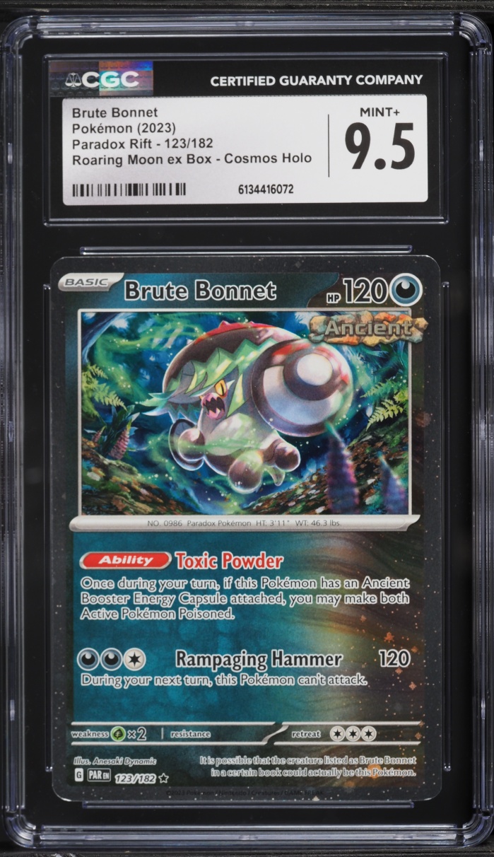 2023 Pokemon SV Paradox Rift Roaring Moon ex Box Cosmos Holo Brute Bonnet #123 CGC 9.5 MINT+