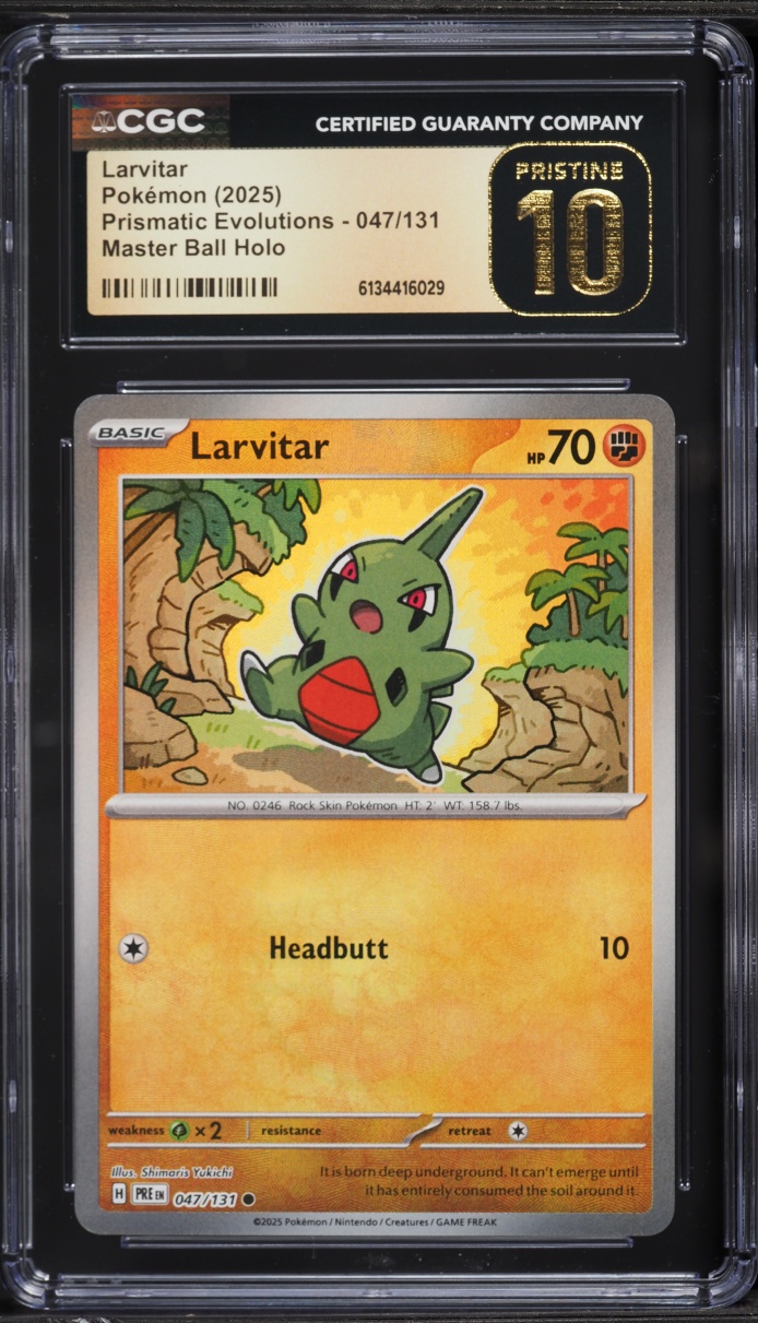 2025 Pokemon SV Prismatic Evolutions Master Ball Holo Larvitar #47 CGC 10 PRISTINE