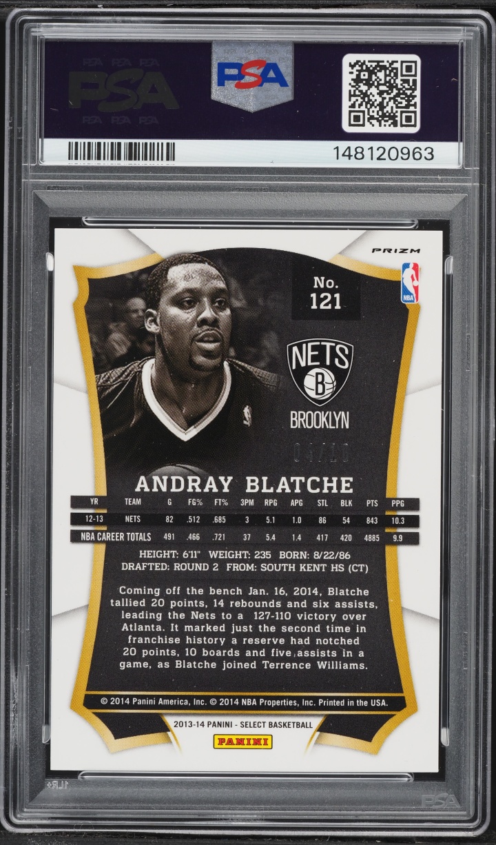 2013 Select Gold Prizm Andray Blatche /10 #121 PSA 10 GEM MINT