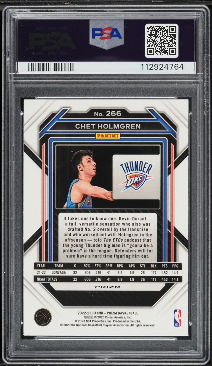 2022 Panini Prizm Green Chet Holmgren ROOKIE #266 PSA 9 MINT
