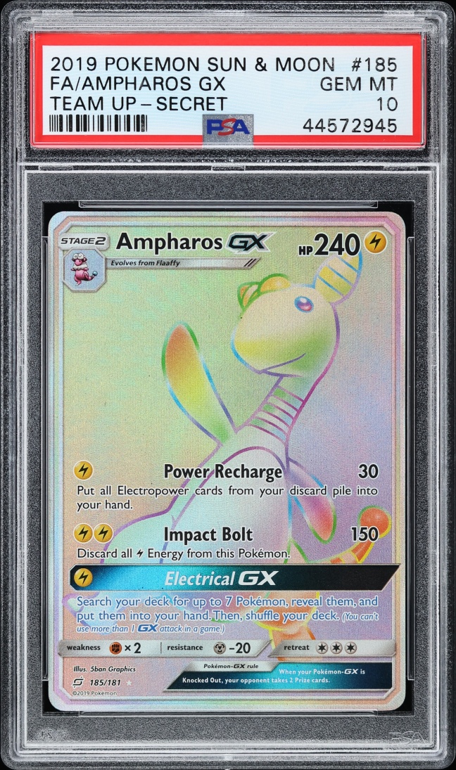 2019 Pokemon Sun & Moon Team Up Rainbow Rare Ampharos GX #185 PSA 10 GEM MINT