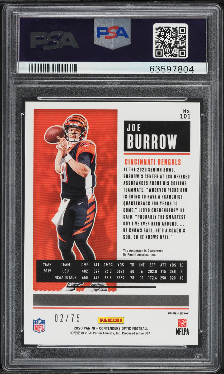 2020 Panini Contenders Optic Blue Joe Burrow ROOKIE AUTO DNA 10 /75 #101 PSA 9