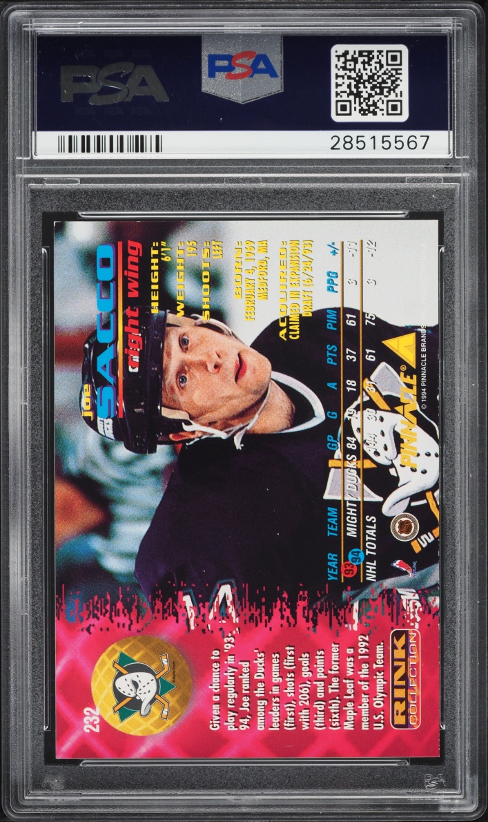 1994 Pinnacle Rink Collection Joe Sacco #232 PSA 9 MINT
