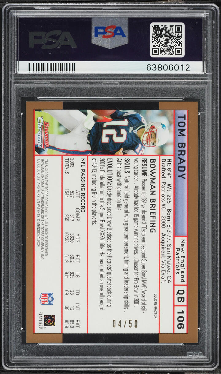 2004 Bowman Chrome Gold Refractor Tom Brady /50 #106 PSA 8 NM-MT - Photo 2