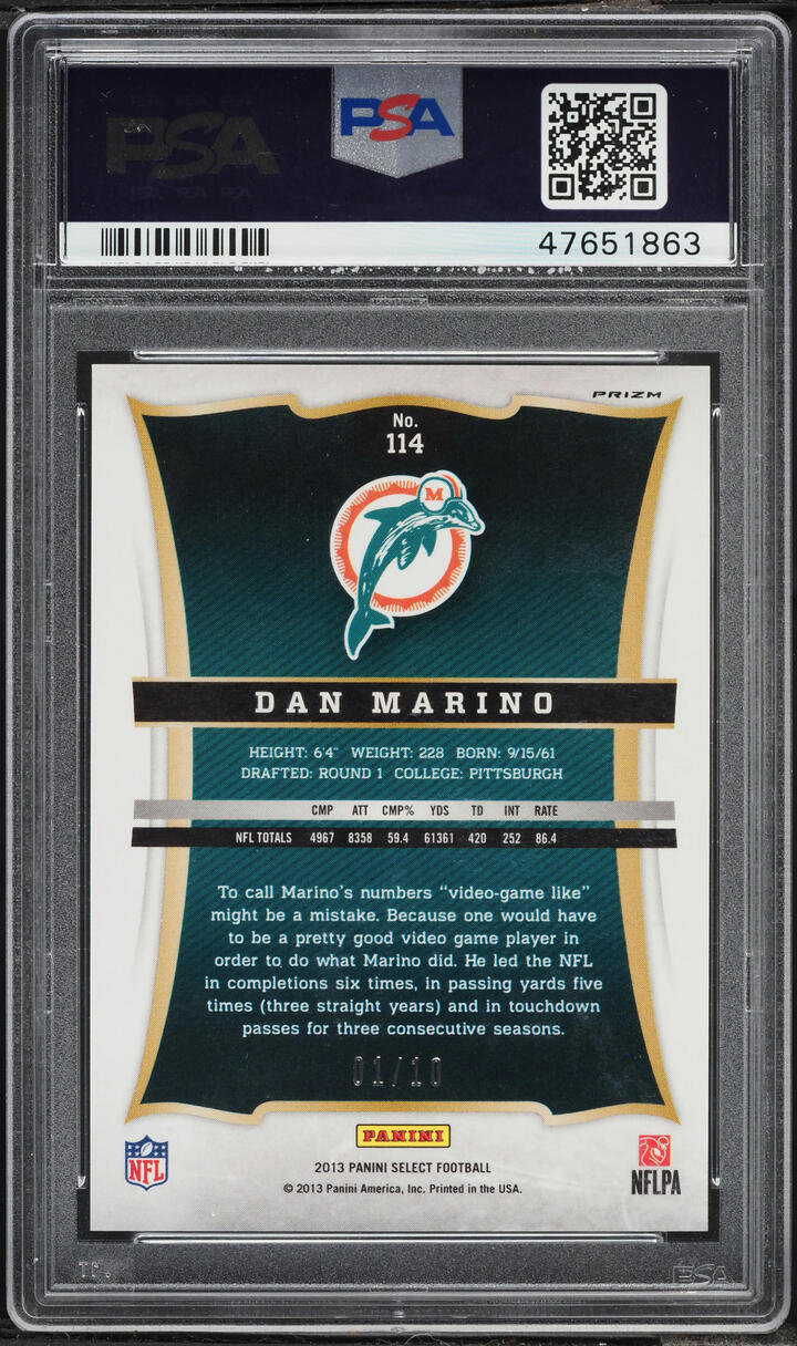 2013 Select Gold Prizm Dan Marino 1/10 #114 PSA 10 GEM MINT - Photo 2