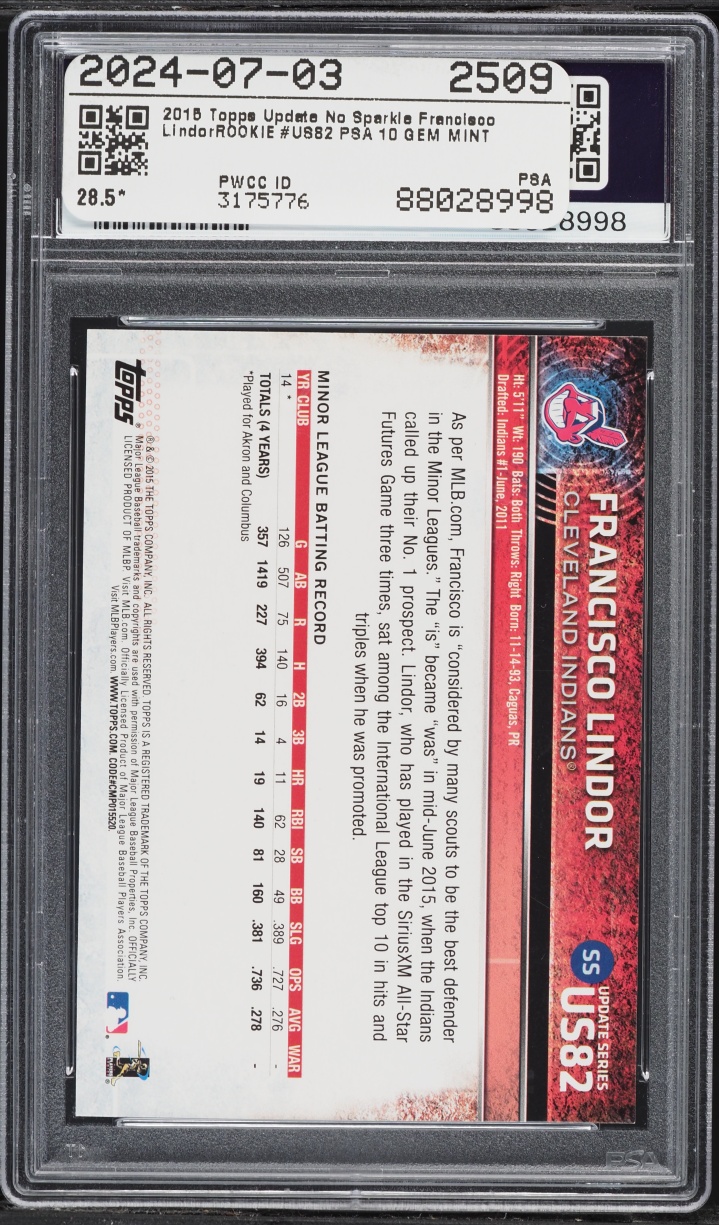 2015 Topps Update No Sparkle Under Glove Francisco Lindor ROOKIE #US82 PSA 10 GEM MINT