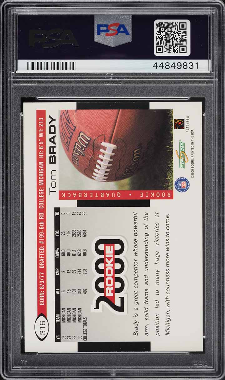 2000 Score Football Tom Brady ROOKIE #316 PSA 10 GEM MINT