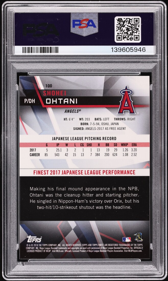 2018 Finest Refractor Shohei Ohtani ROOKIE #100 PSA 9 MINT